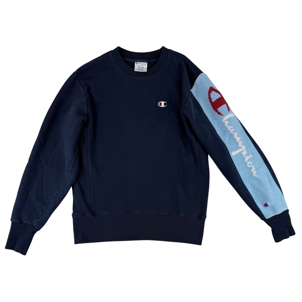 Champion Reverse Weave Sweatshirt Mens Medium Navy Blue Knit Sleeve Logo Crew